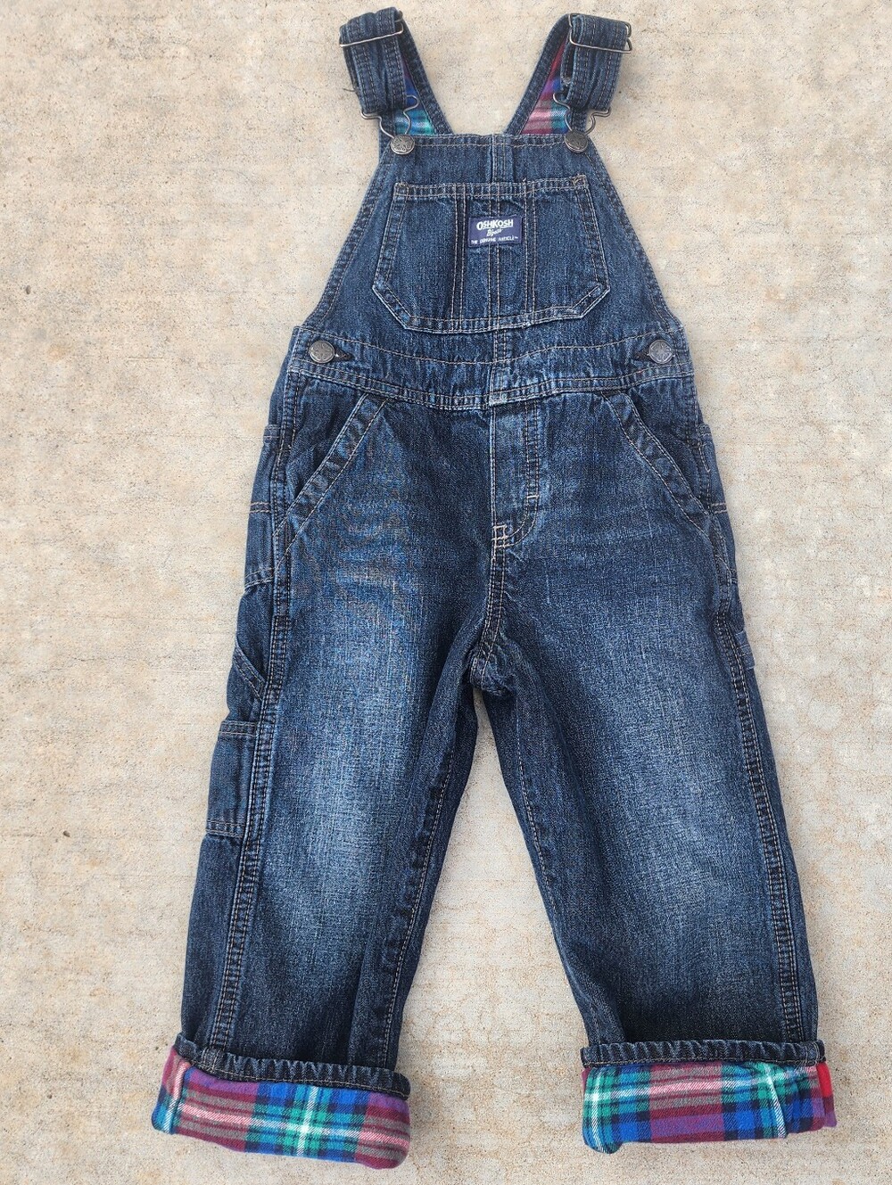 Oshkosh B'gosh Dark Wash Denim Bib Jean Overalls Flannel Plaid Lined, Sz 3T